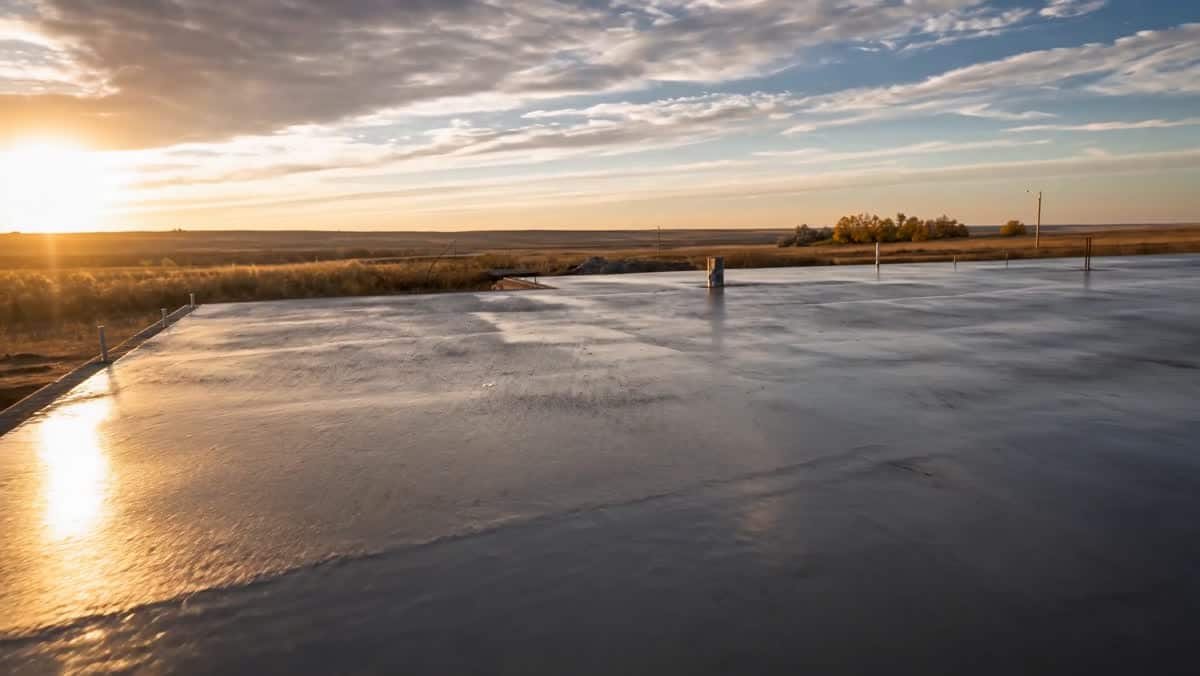 Freshly poured concrete foundation at golden hour on the North Dakota prairie